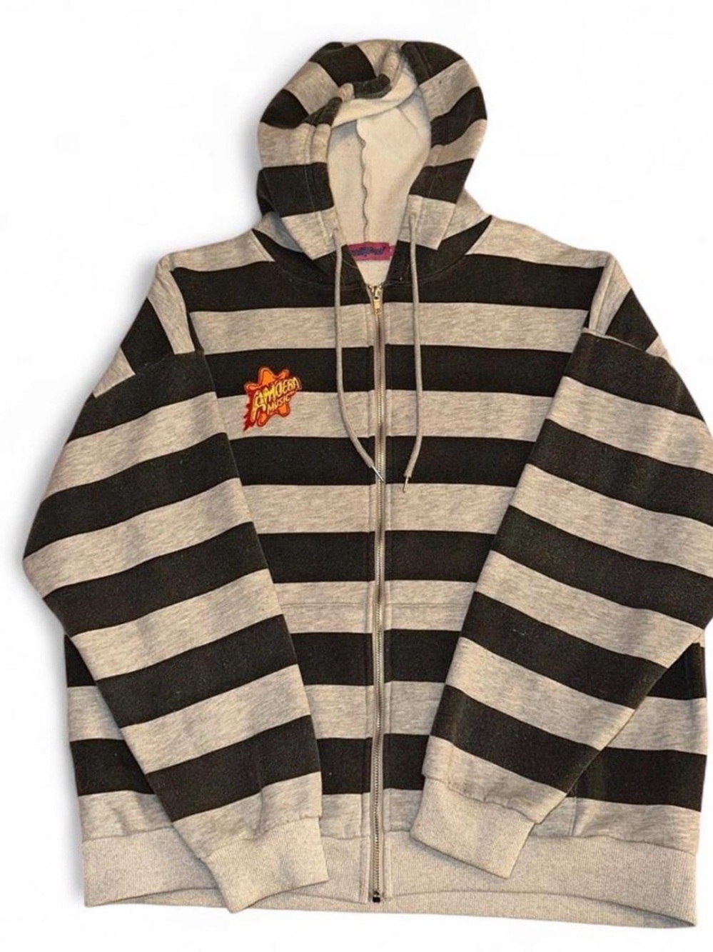 Black and Gray Striped Zip Hoodie Amoeba Music Records Patch Medium Edikted - Picture 1 of 8